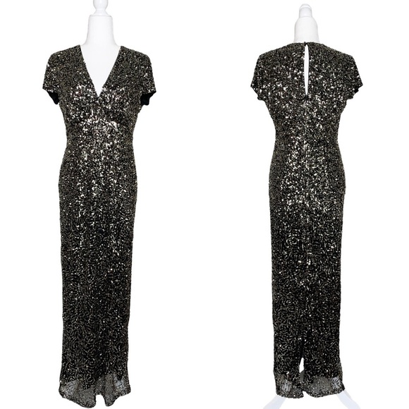 Nicole Miller Gold and Black Sequined Column Gown - Picture 1 of 5